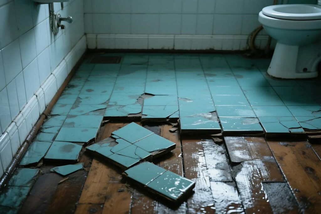 Broken blue floor tiles revealing wet wooden floor underneath in a bathroom with a toilet.
