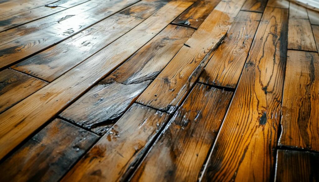Close-up of a worn, polished wooden floor with visible grain and dark stains.