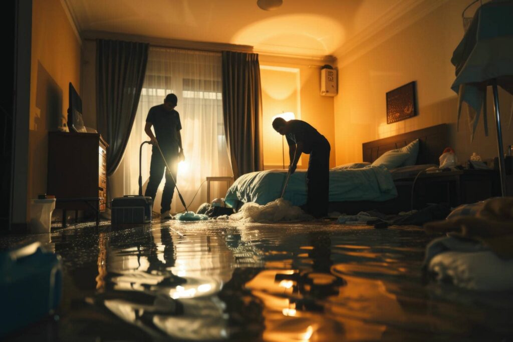 Two people mopping water from a flooded bedroom floor at sunset.