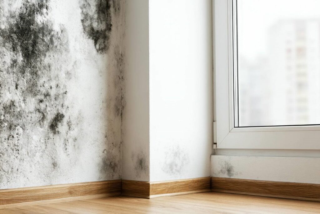 Black mold growth on the corner walls near a window with wooden baseboards.