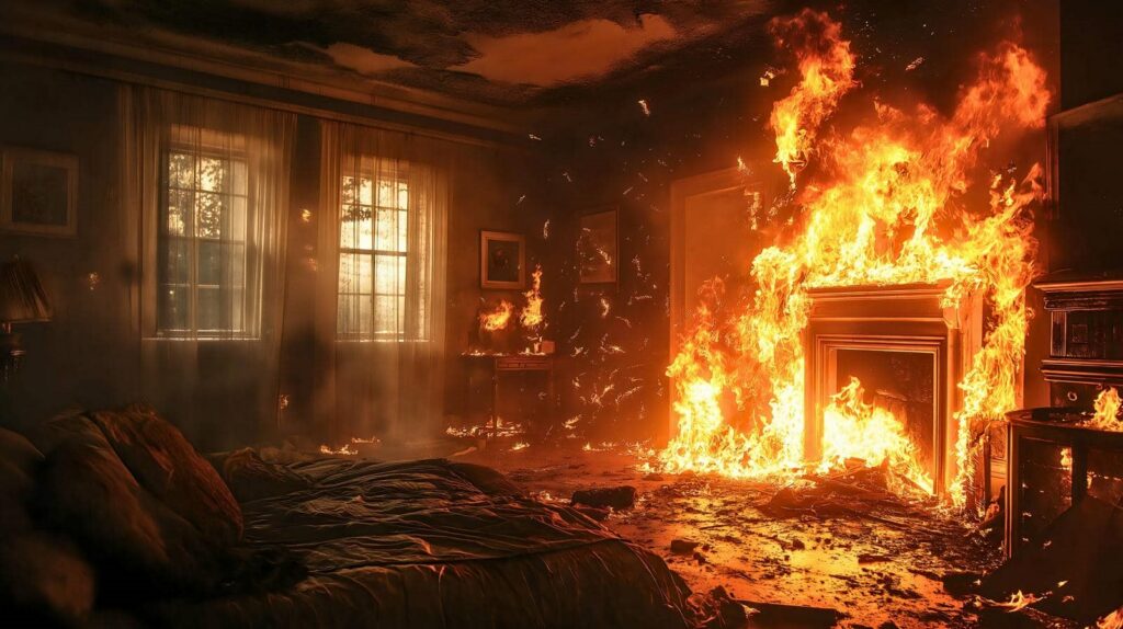 Fire raging from a fireplace in a dimly lit bedroom with smoke and burning debris.