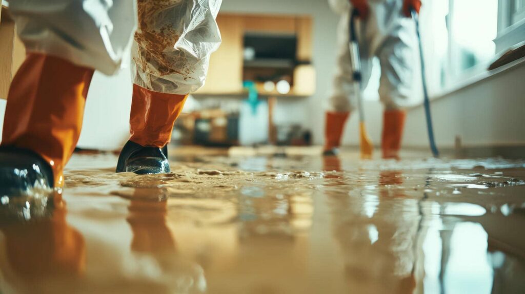Two people in protective gear standing in a flooded room with water covering the floor.