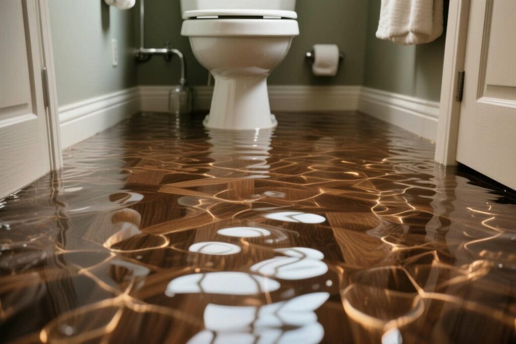 Bathroom floor flooded with water around a toilet.