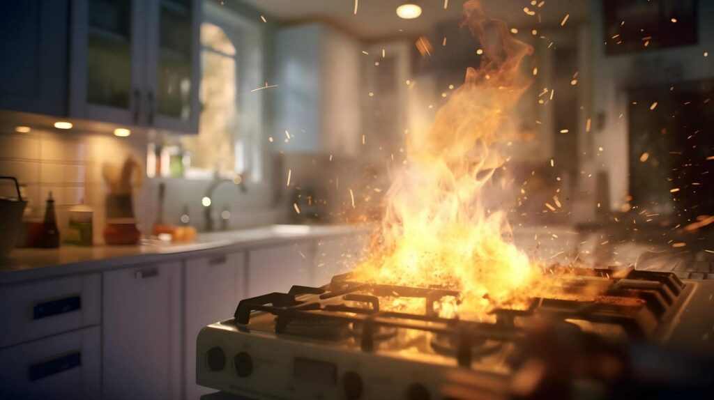 Flames and sparks erupting from a gas stove burner in a kitchen.