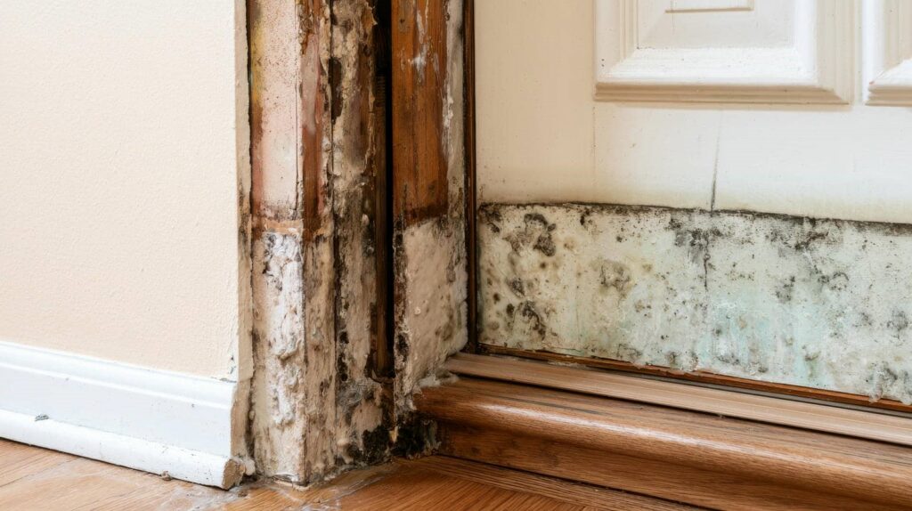 Mold and water damage on the bottom corner of a door frame and adjacent wall.