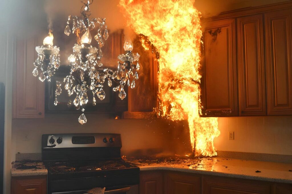 Kitchen fire with flames engulfing cabinets above a stove and a chandelier with melting bulbs.