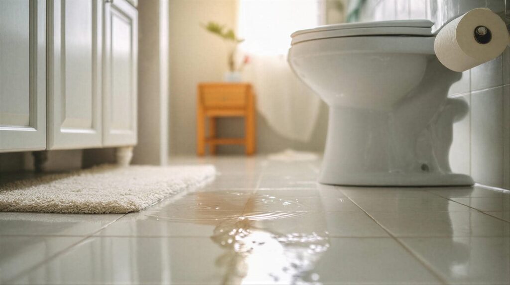 Water spilled on a bathroom floor near a toilet with a toilet paper roll on the wall.