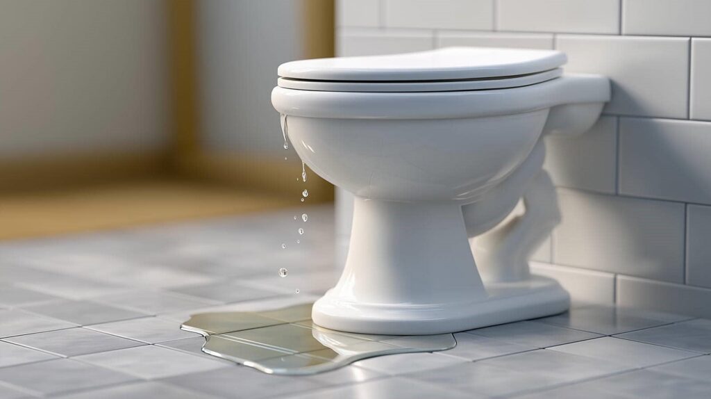 White toilet leaking water onto tiled bathroom floor.