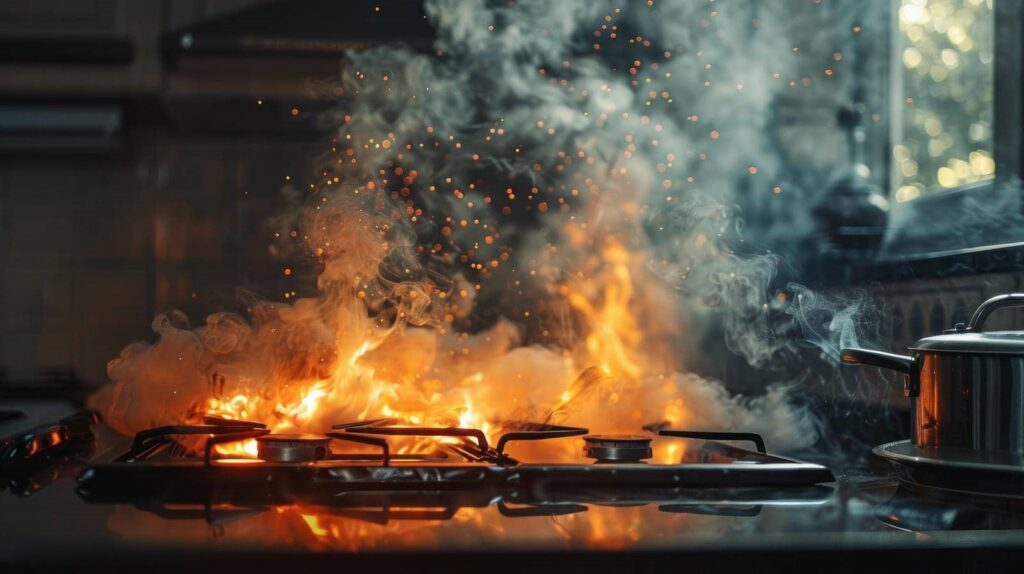 Flames and smoke rising from a gas stove burner in a kitchen.
