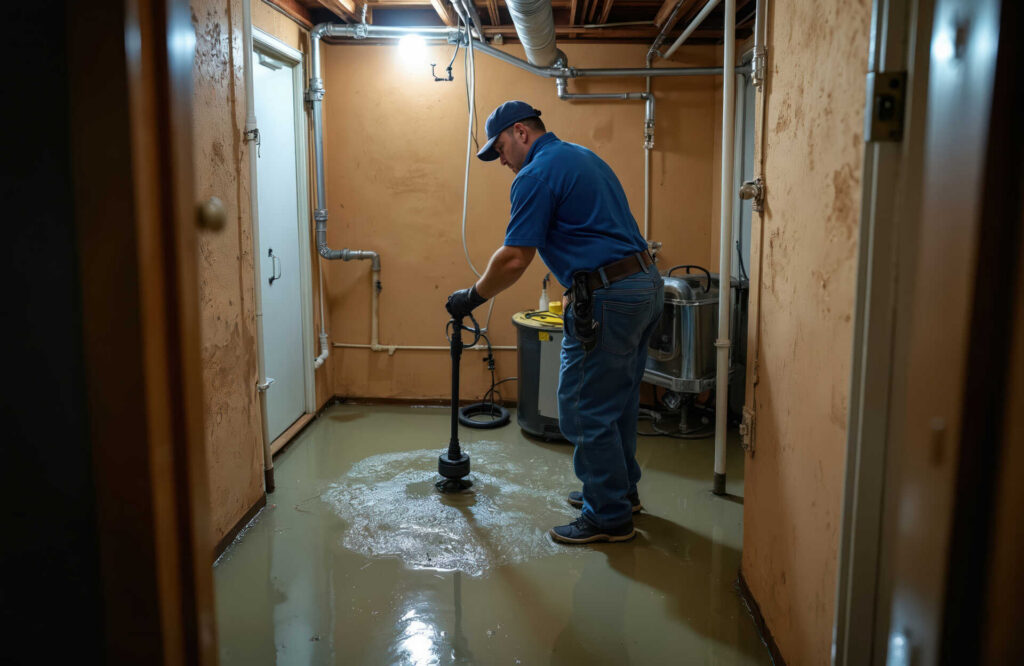 A man in a blue uniform uses a pump to remove water from a flooded basement.