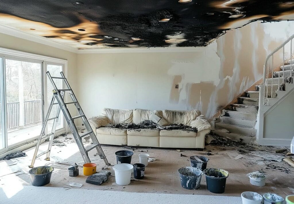 Living room with fire damage on ceiling, sofa, stairs, and paint buckets scattered on the floor.