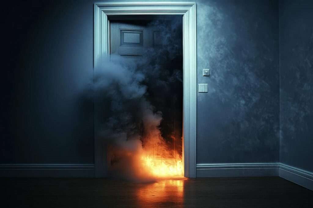Fire and smoke coming from the bottom of a closed door in a dimly lit room.