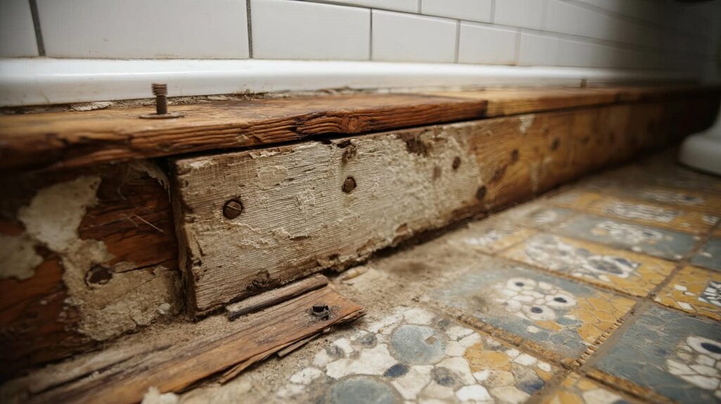 Close-up of damaged wooden baseboard with peeling paint and screws above patterned floor tiles.