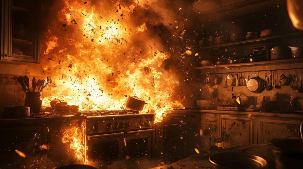 Kitchen stove engulfed in a large fire with flames and debris flying.