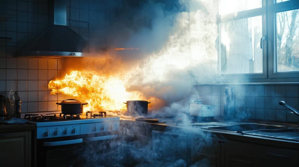 Kitchen stove fire with flames and thick smoke filling the room.