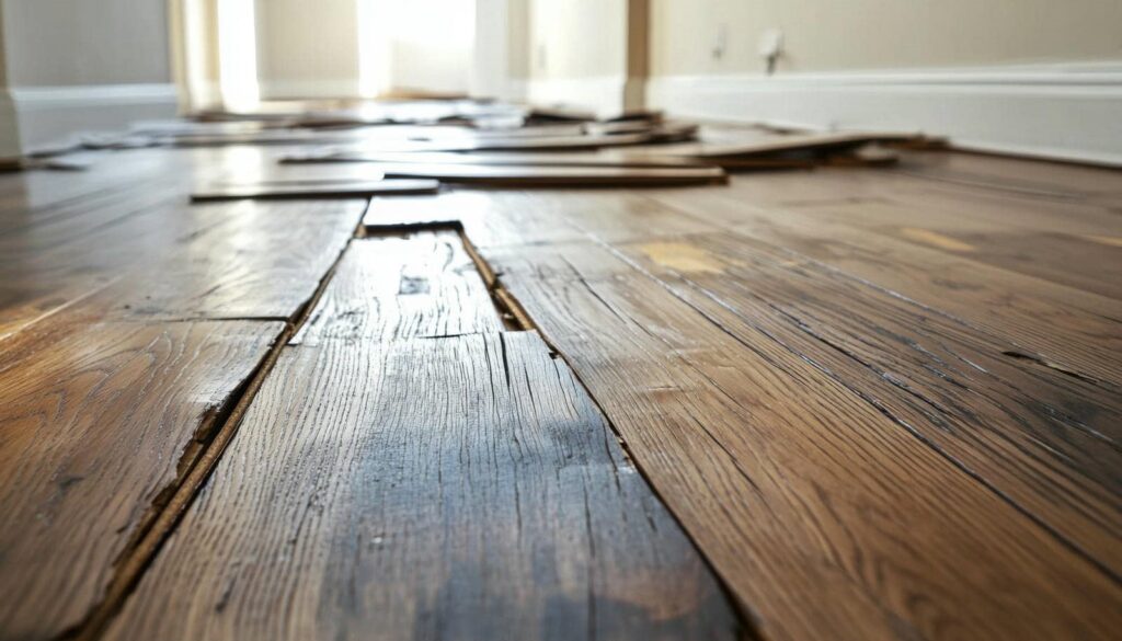 Warped and buckled wooden floorboards in a room with some planks lifted and damaged.