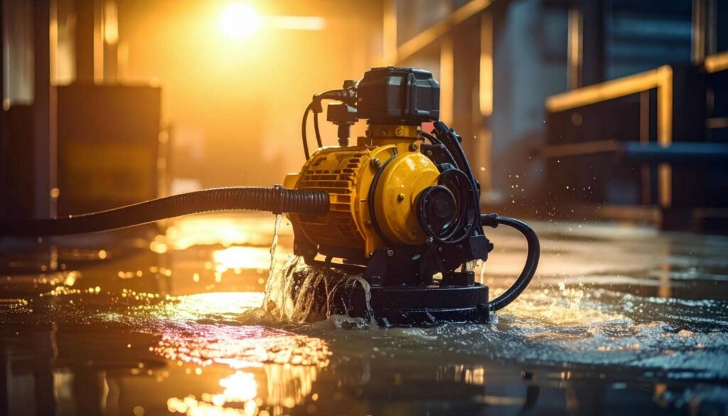 Water pump operating in a flooded indoor area with water splashing around it.