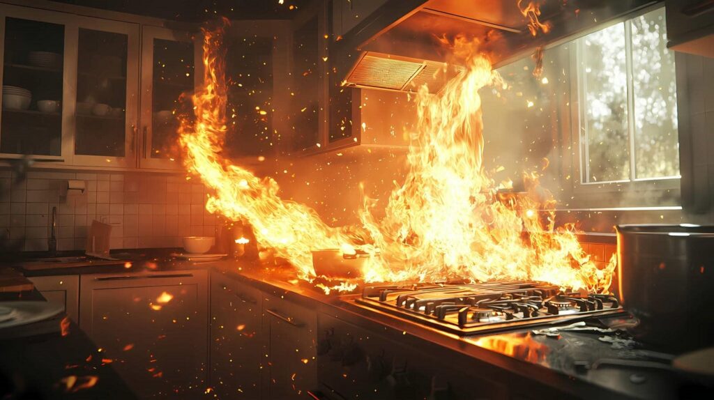Kitchen stove engulfed in large flames with fire spreading across the countertop.