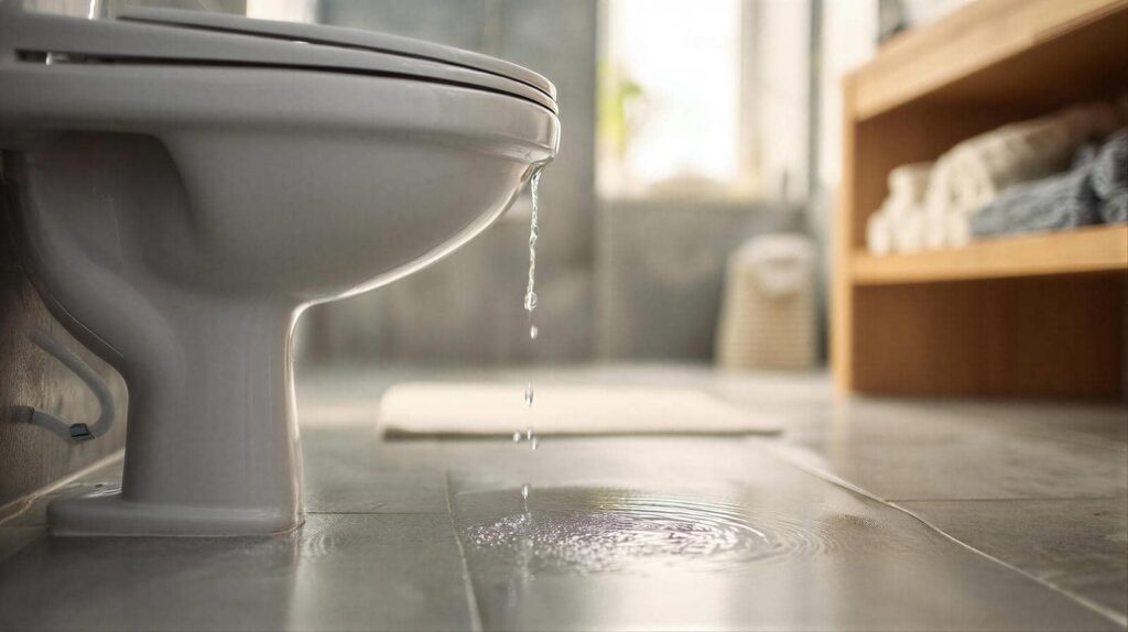 Water dripping from a toilet onto a tiled bathroom floor.