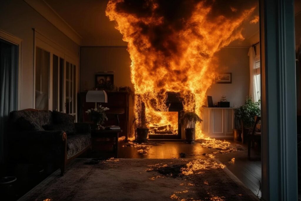 Fire blazing intensely from a fireplace in a living room.