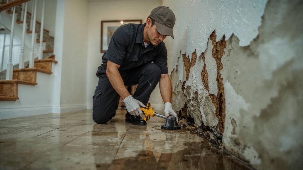 Man in uniform inspecting water damage on a wall with a moisture meter.