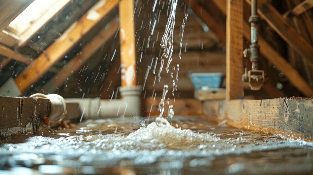 Water leaking and dripping inside a wooden attic with visible pipes and beams.