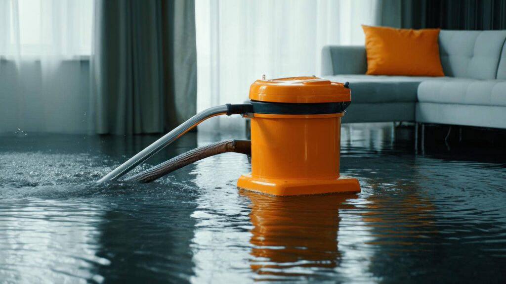 Orange water pump removing floodwater from a living room with a gray couch and orange pillow.
