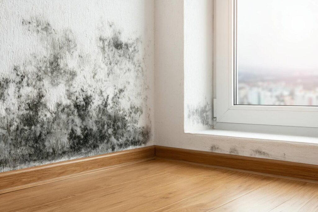 Black mold growing on the lower corner walls near a window with wooden flooring.
