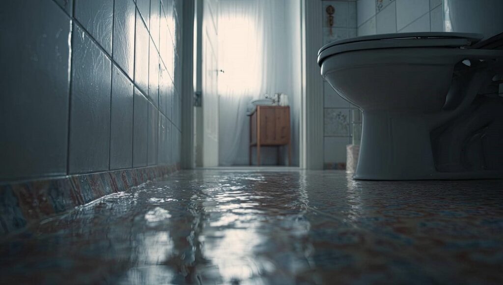 Flooded bathroom floor with water near a toilet and a small wooden cabinet in the background.