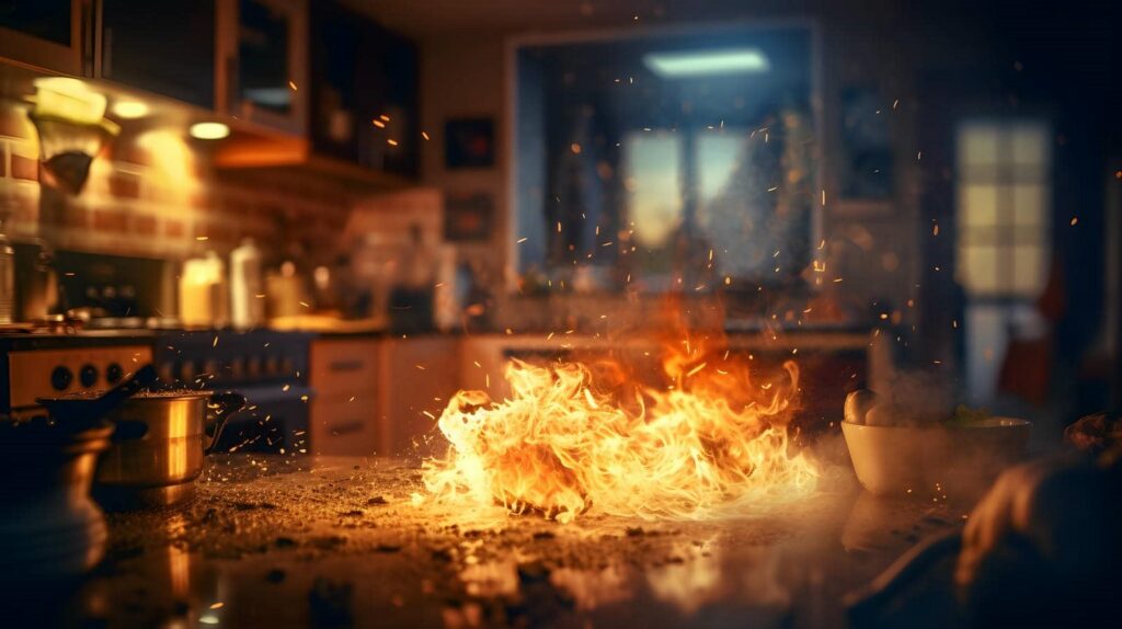 Fire blazing on a kitchen countertop with sparks flying around.