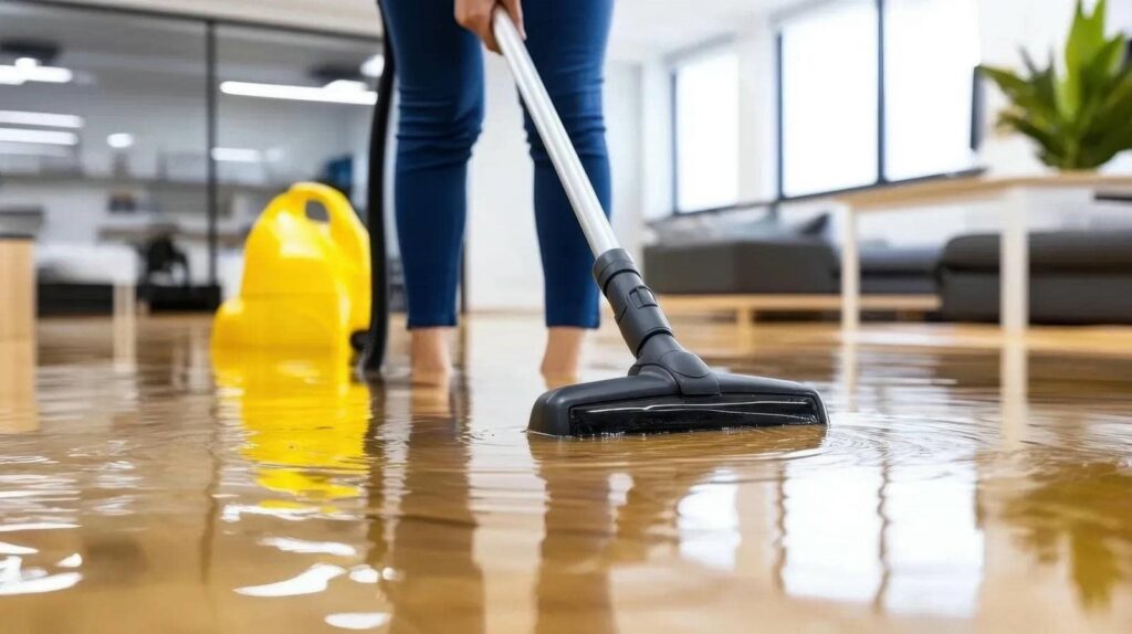 Person using a wet vacuum to clean water from a flooded wooden floor indoors.
