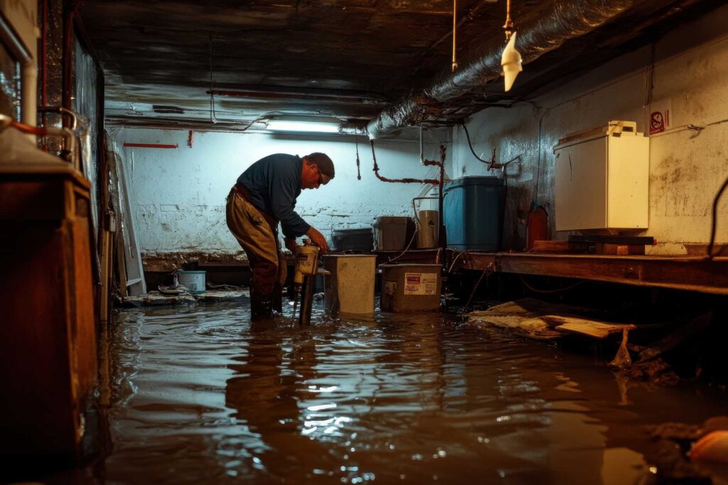 Man wearing boots works to pump water out of a flooded basement.