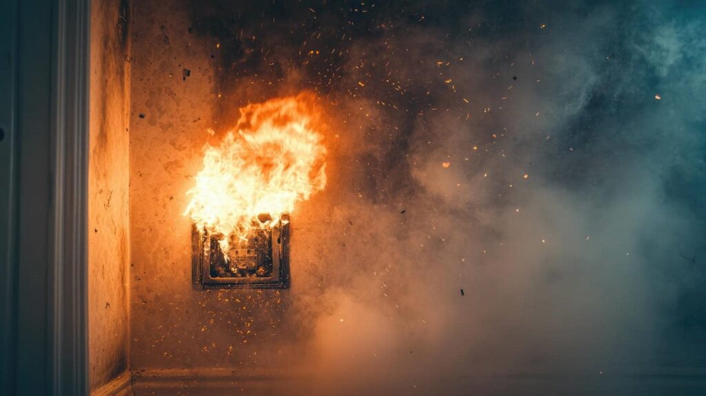 Electrical outlet on fire with flames and smoke spreading on a wall.