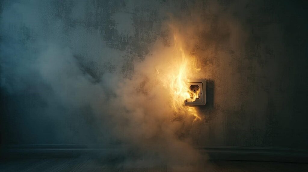 Electrical outlet on fire with smoke spreading on a dark wall.