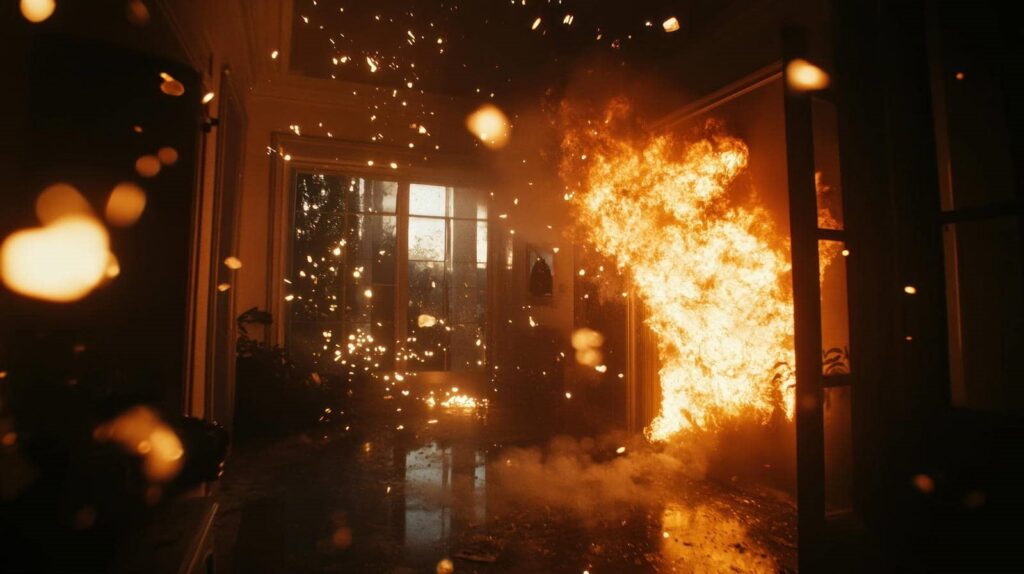 Large fire blazing inside a dark room with sparks and smoke spreading around.