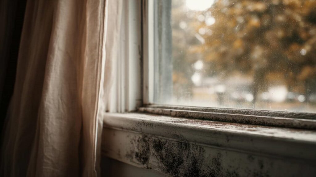 Close-up of a dirty, moldy windowsill with beige curtains and a blurred outdoor view.
