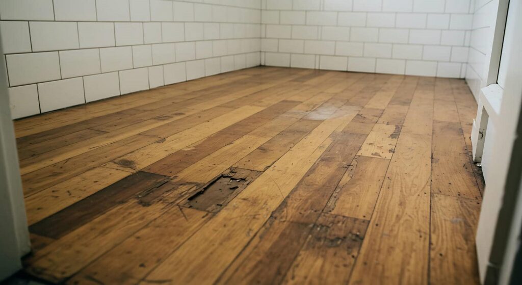 Worn wooden floorboards in a corner room with white tiled walls.