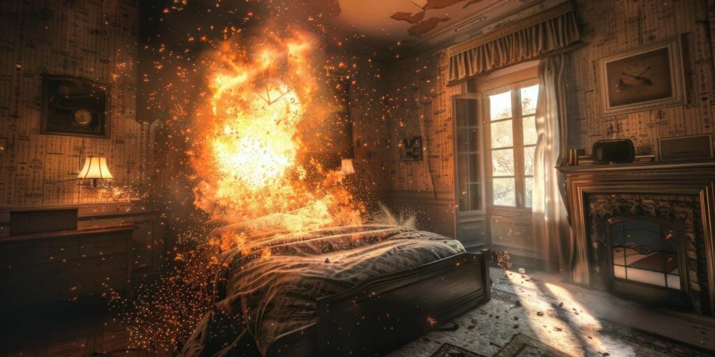 Explosion with sparks and fire engulfing a bed in a dimly lit bedroom.