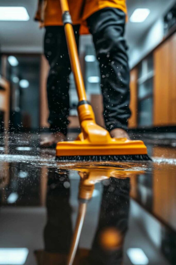 Person mopping a wet floor with an orange mop indoors.