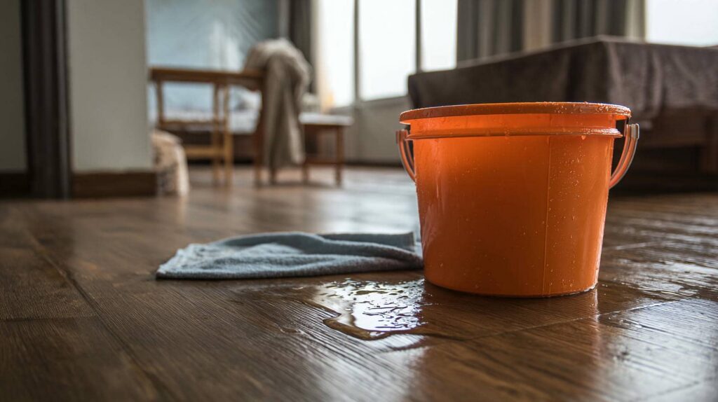 Orange bucket with water spilled on wooden floor next to a cloth in a living room.