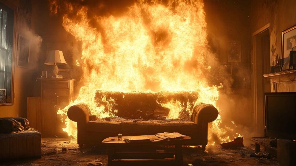 A sofa engulfed in large flames inside a living room.