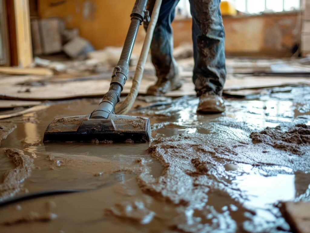 Person using a wet vacuum to clean muddy water from a flooded indoor floor.