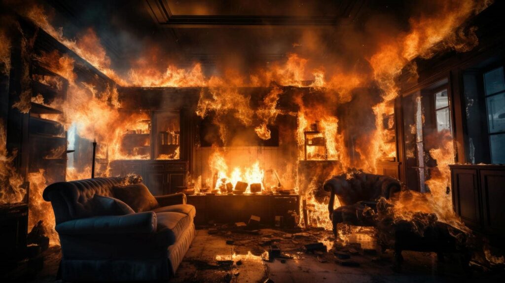 Living room engulfed in intense flames with furniture and shelves burning.