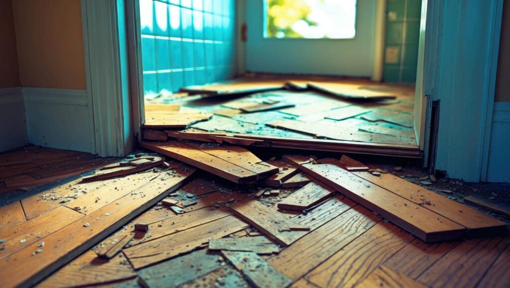 Broken and warped wooden floorboards scattered across a damaged floor near a doorway.