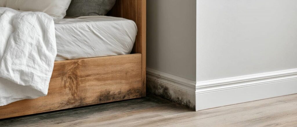 Black mold growth on the wooden bed frame and baseboard in a bedroom corner.