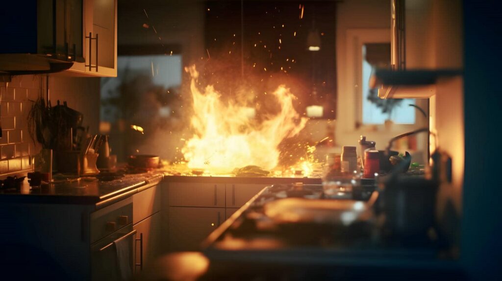 Kitchen stove engulfed in a large fire with flames and sparks rising.