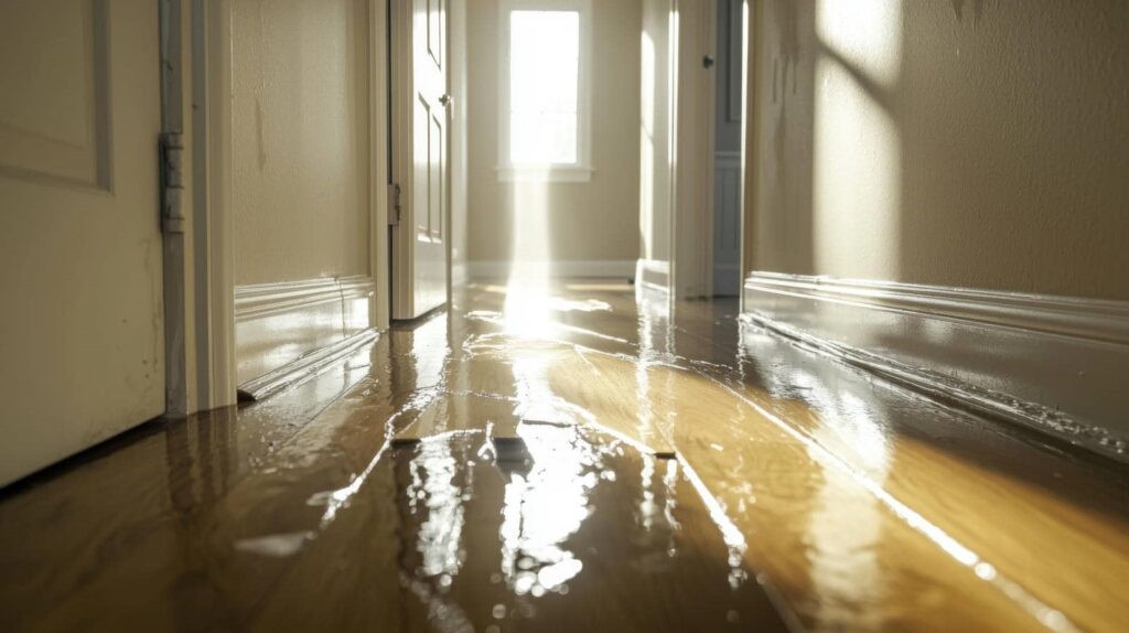 Water flooding a wooden floor in a hallway with sunlight coming through a window.