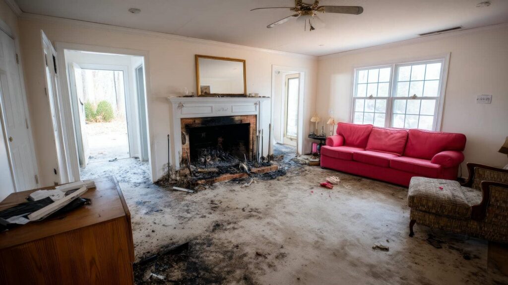 Living room with fire damage around the fireplace and soot on the floor, featuring a red couch and armchair.