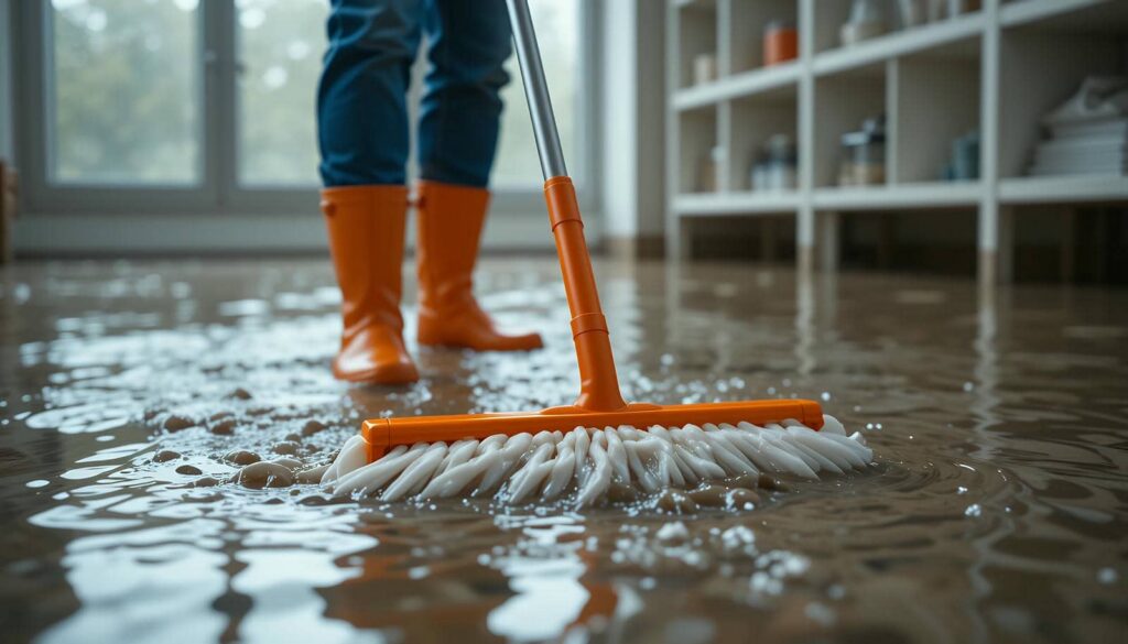 Person in orange boots mopping a flooded floor inside a room.