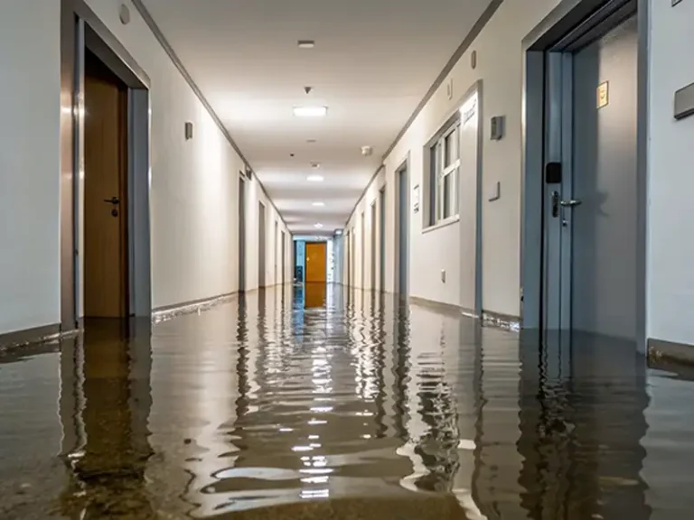 Hallway in a building flooded with water covering the floor.